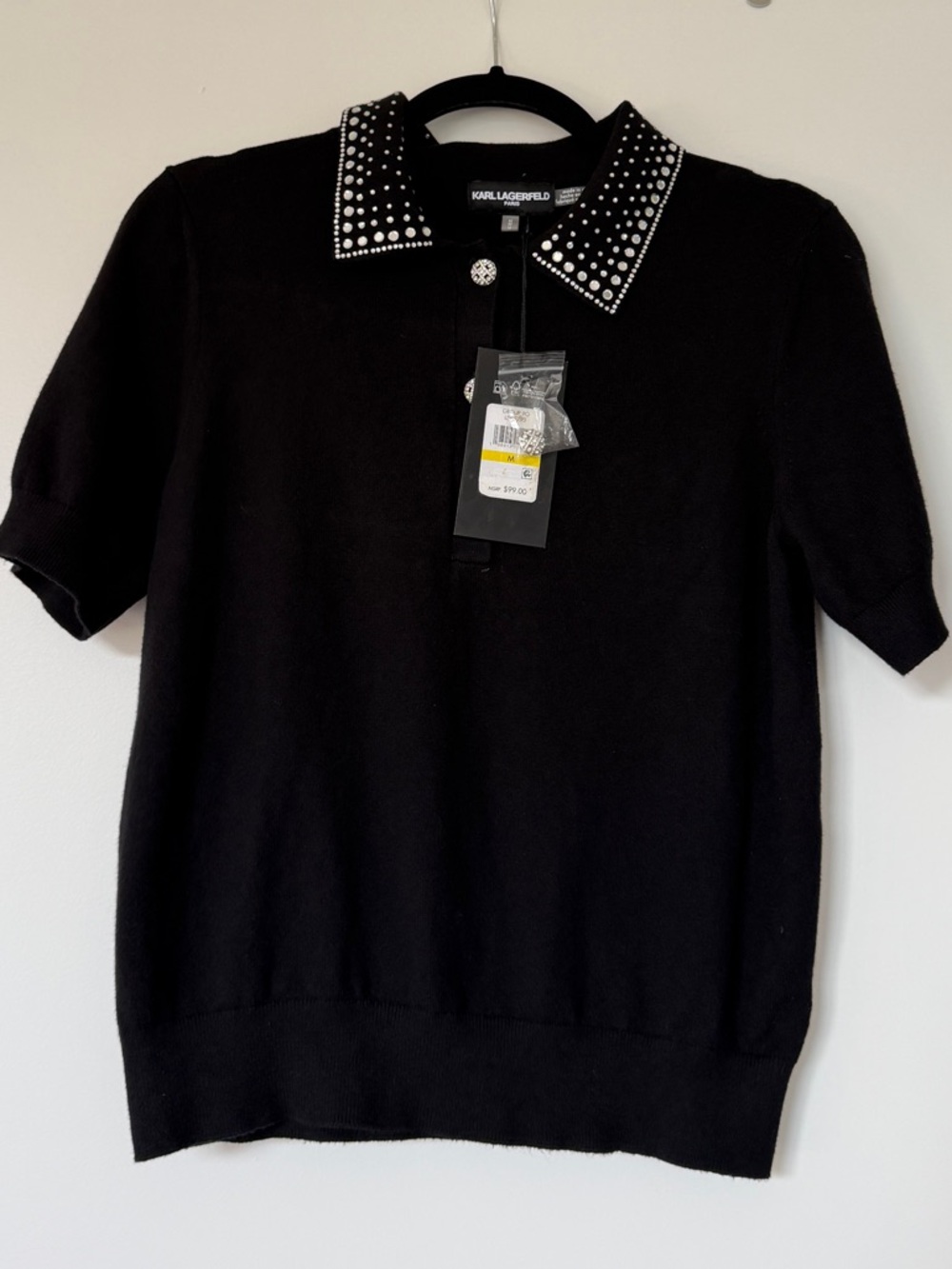 Karl Lagerfeld Black Short-Sleeve Polo with Studded Collar NWT - Picture 2 of 9